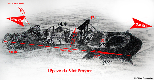Croquis de la situació del derelicte al fons de la badia de Roses